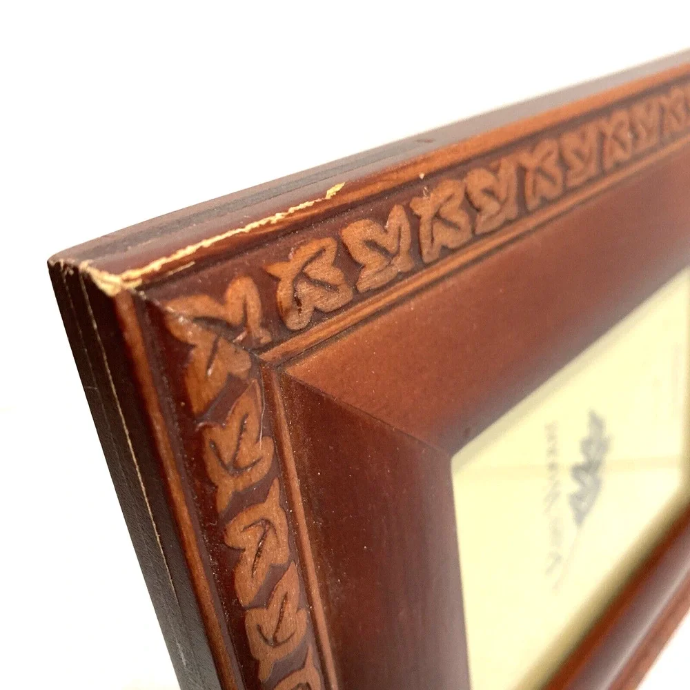 Vintage wooden photo frame Rare Woods by Burnes of Boston carved leaf 3.5 x 5
